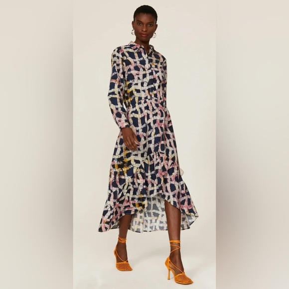 Busayo‎ Abstract Printed Midi Shirt Dress High Low Hem XS Navy Pink Yellow - Picture 2 of 7